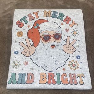 Stay Merry & Bright Santa Peace T-Shirt Adult Small Christmas Shirt Fun Holiday